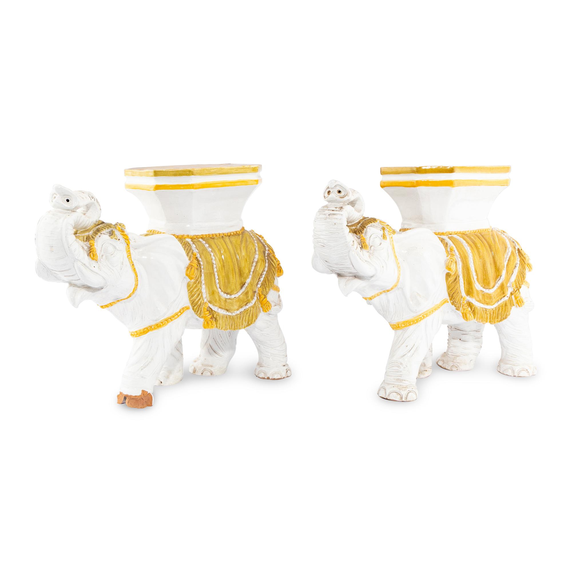A Pair of Italian Glazed Terracotta Elephant-Form Garden Seats