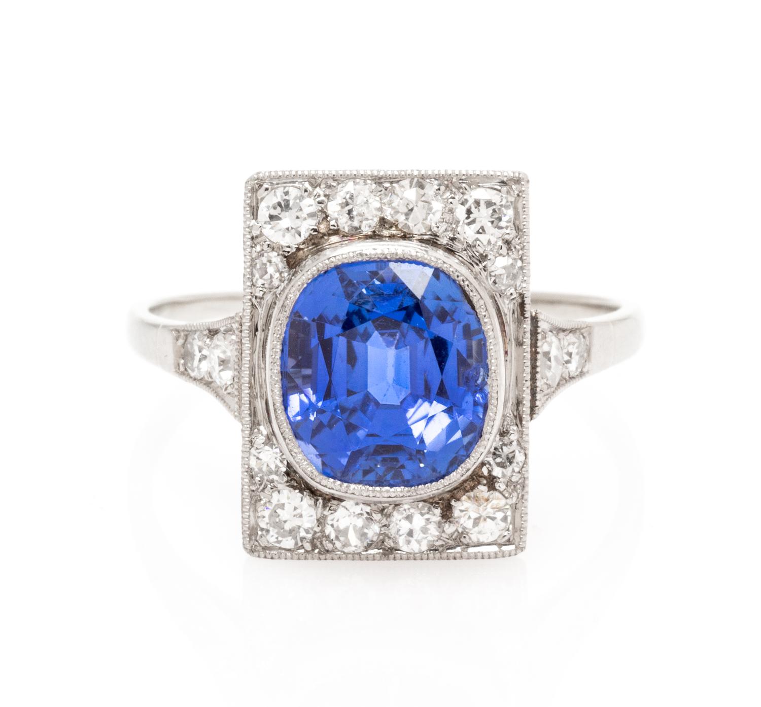 An Art Deco Platinum, Ceylon Sapphire and Diamond Ring, 3.15 dwts.