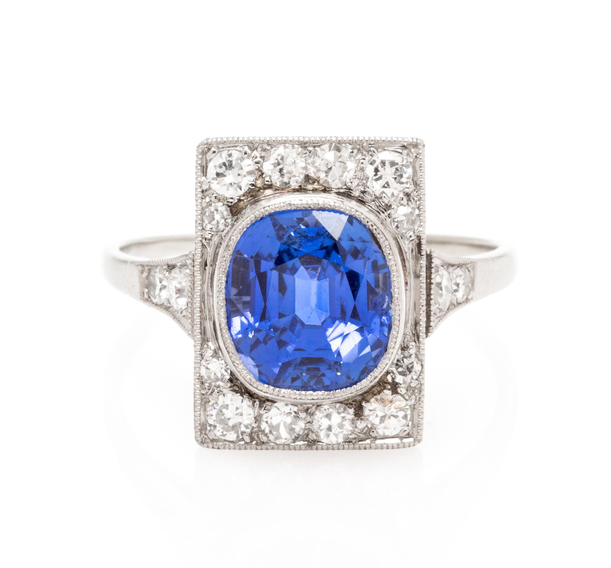 An Art Deco Platinum, Ceylon Sapphire and Diamond Ring, 3.15 dwts.