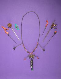 Seven Chinese Red Coral Embellished Jewelry Pieces
