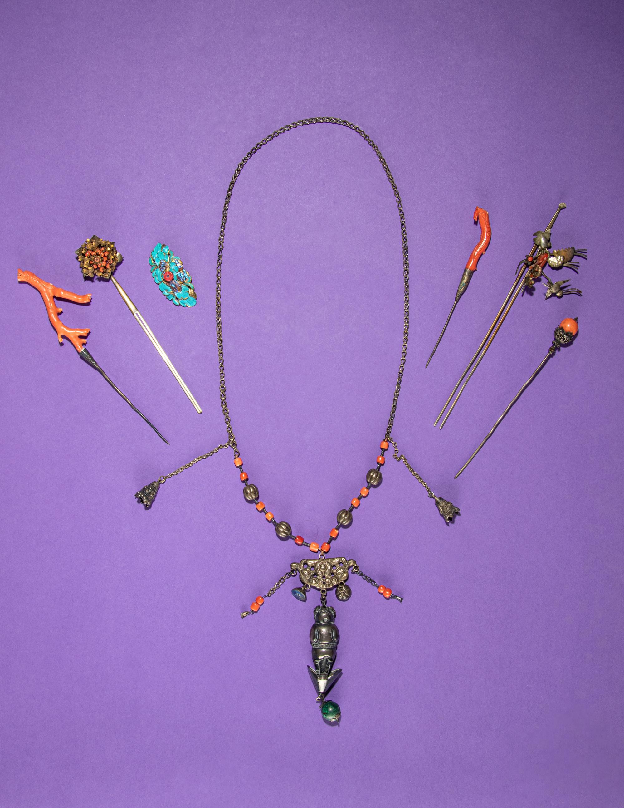 Seven Chinese Red Coral Embellished Jewelry Pieces