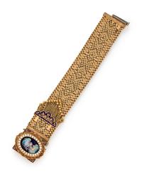 YELLOW GOLD, ENAMEL, AND SEED PEARL SURPRISE WATCH
