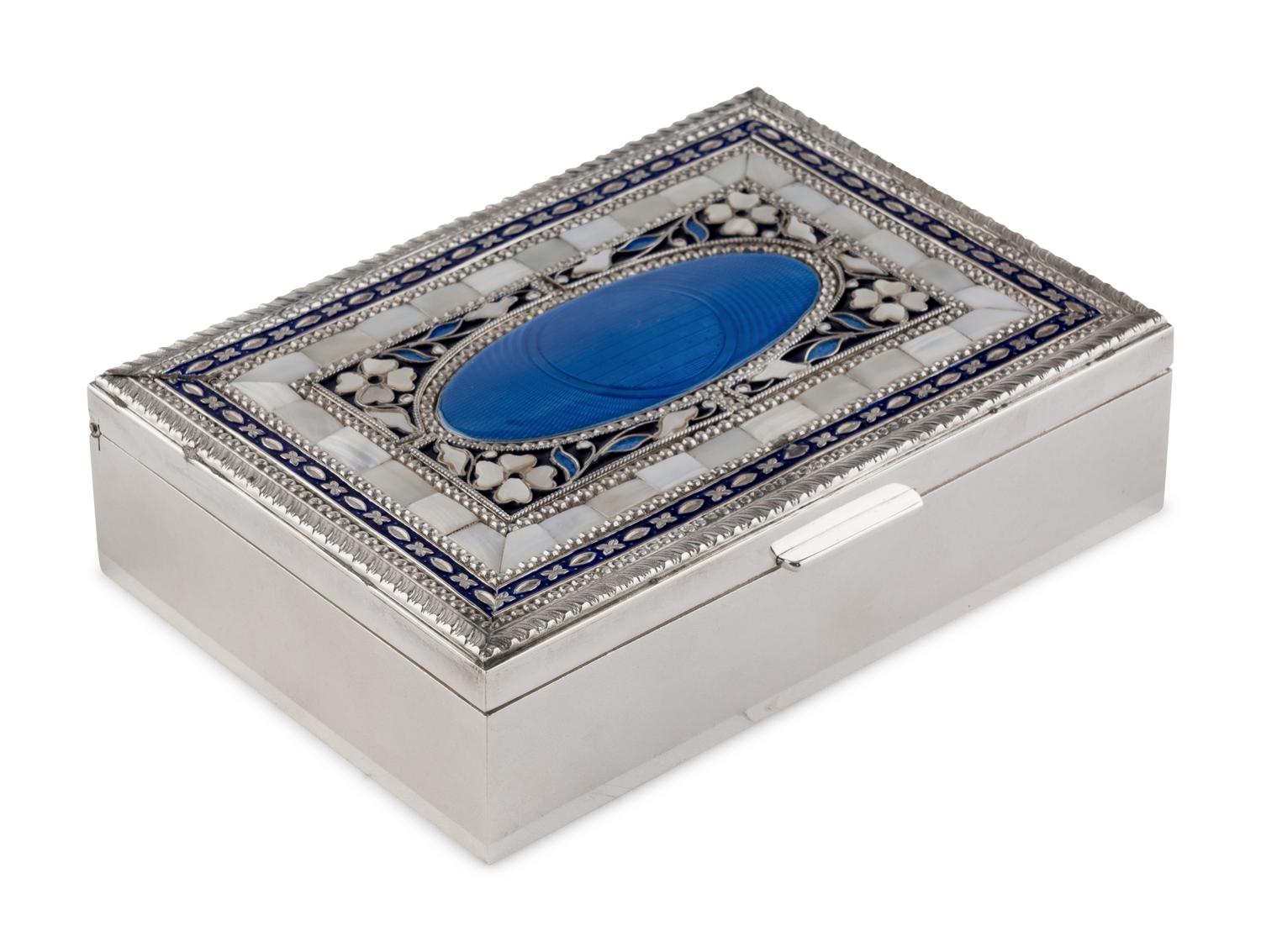 A Cooke and Kelvey Enamel and Mother of Pearl-Inset Silver Box