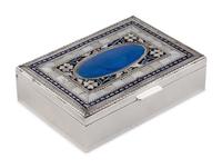 A Cooke and Kelvey Enamel and Mother of Pearl-Inset Silver Box