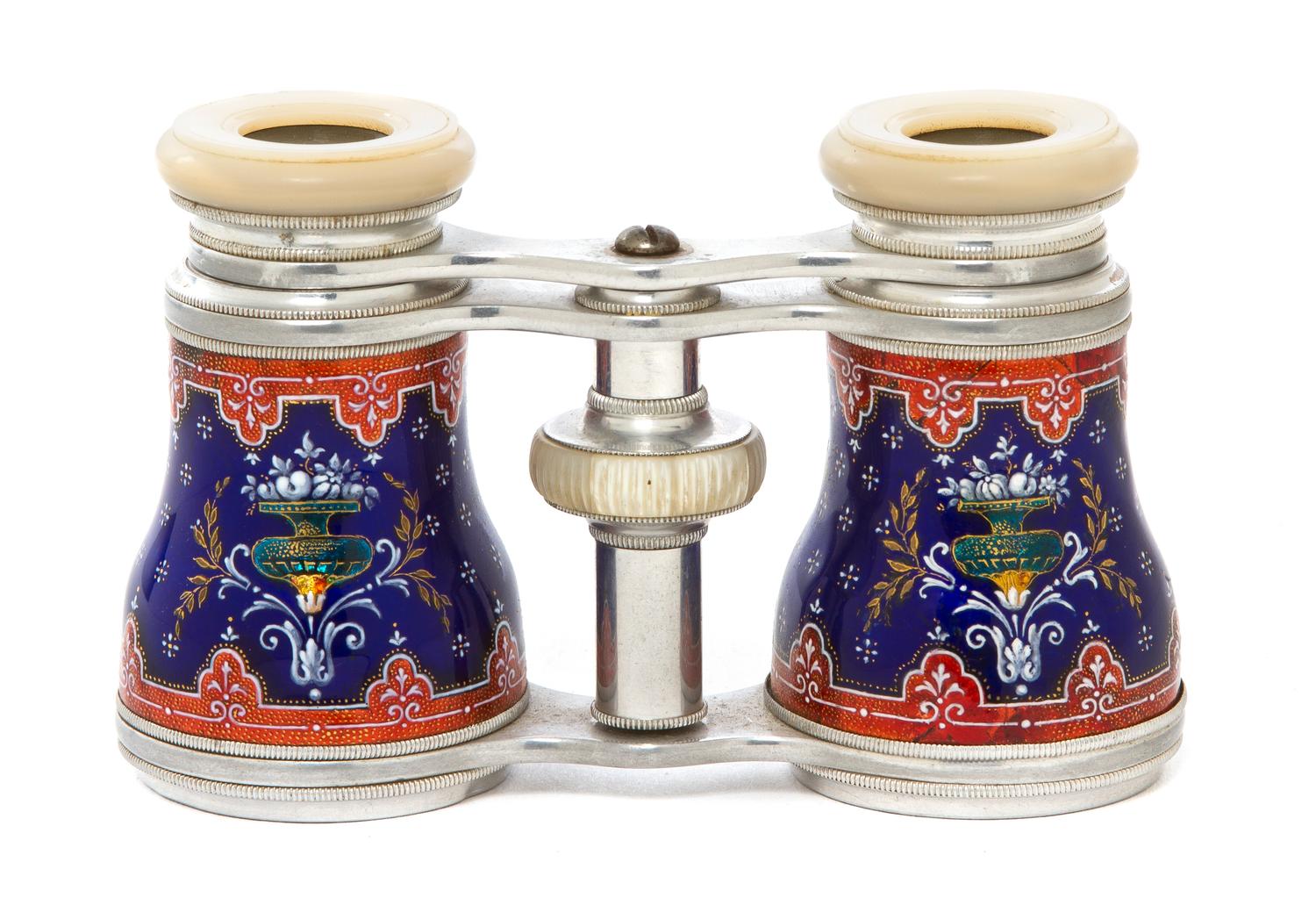 A Pair of Continental Enameled Aluminum Opera Glasses, Width 4 1/8 inches.