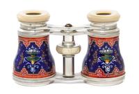 A Pair of Continental Enameled Aluminum Opera Glasses, Width 4 1/8 inches.