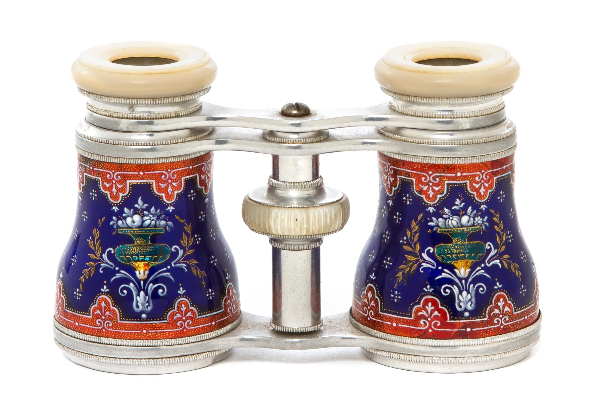A Pair of Continental Enameled Aluminum Opera Glasses, Width 4 1/8 inches.