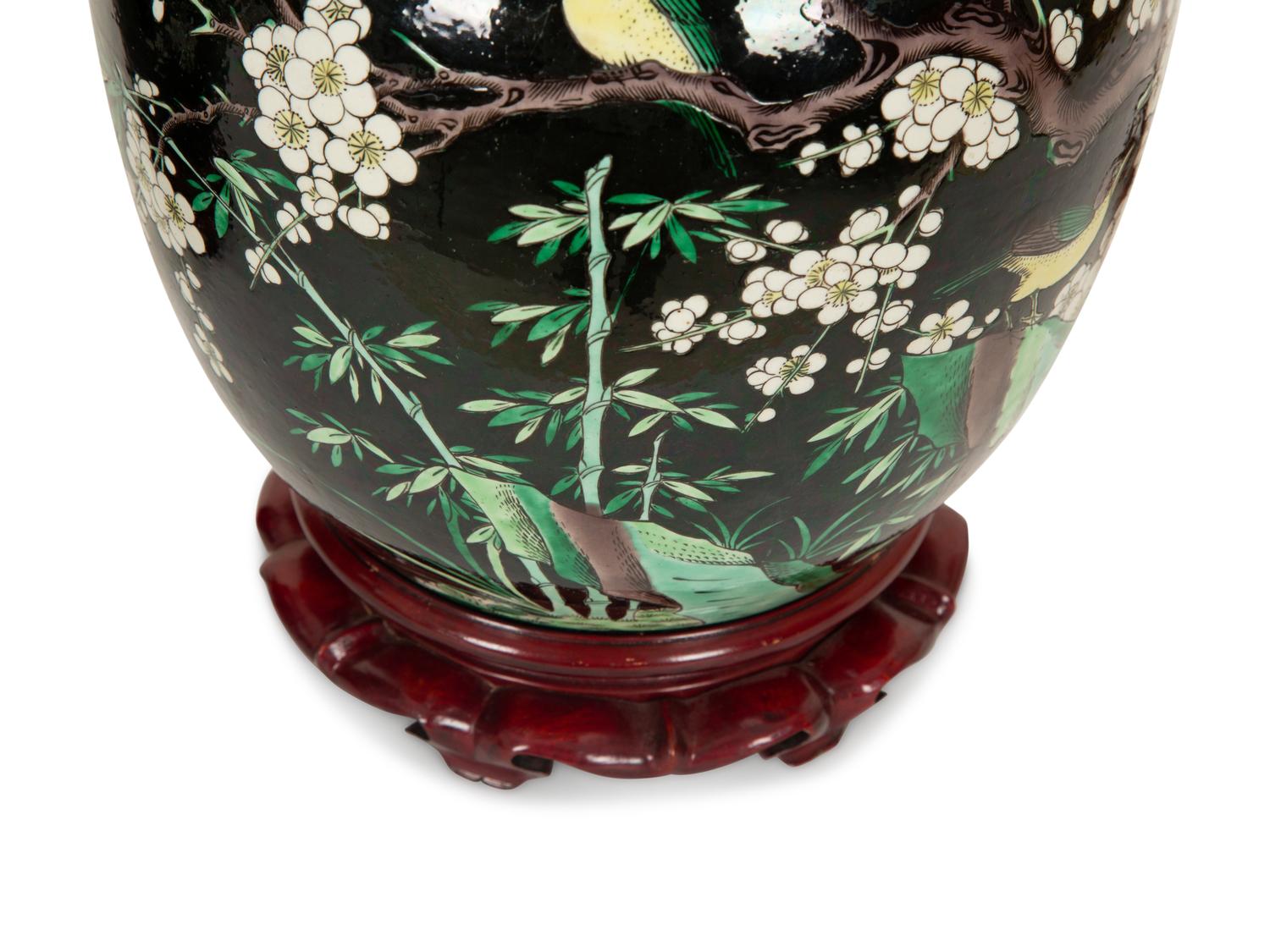 A Pair of Chinese Famille Noir Porcelain Covered Jars Now Mounted as Lamps