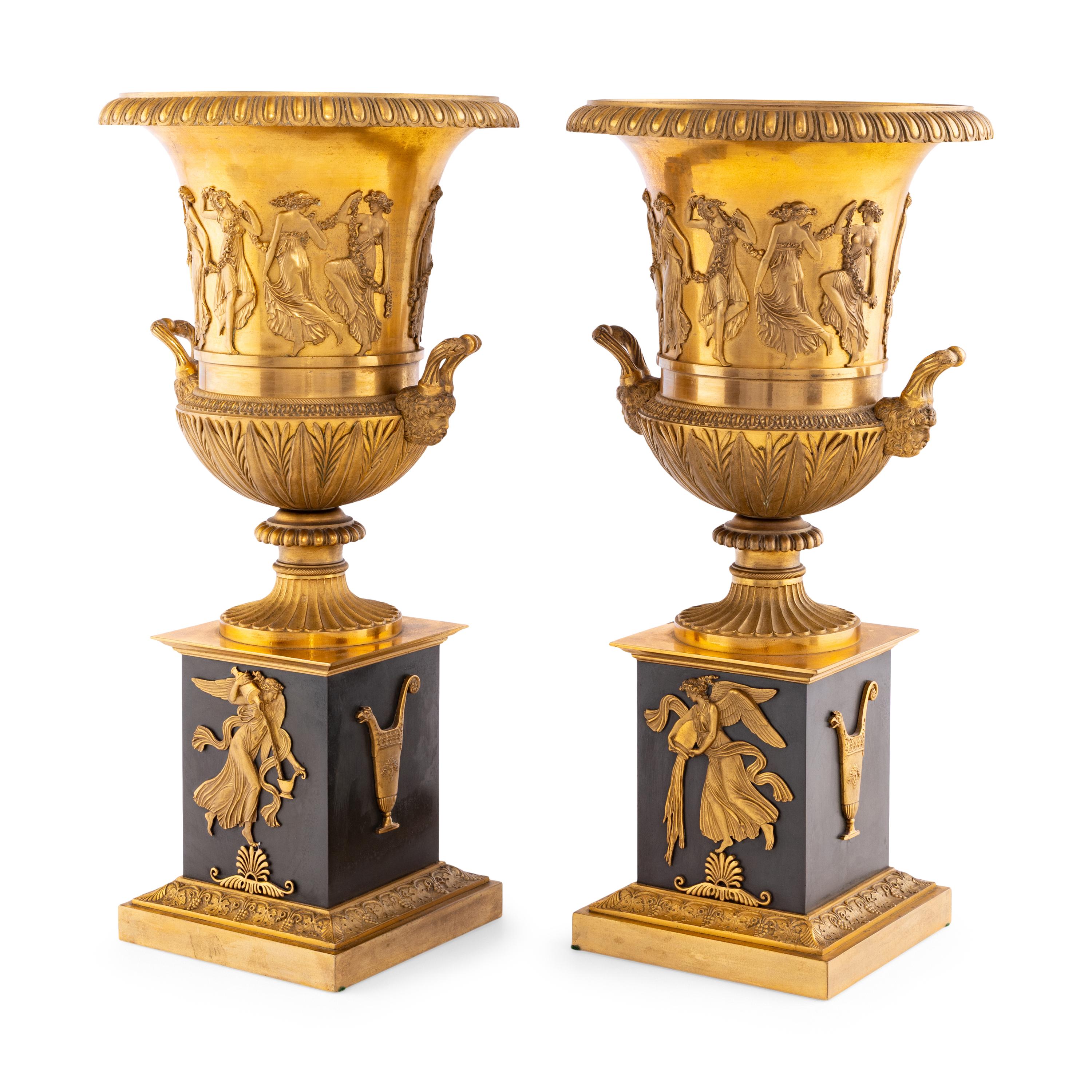 A Pair of Charles X Ormolu and Patinated Bronze Campagna Urns