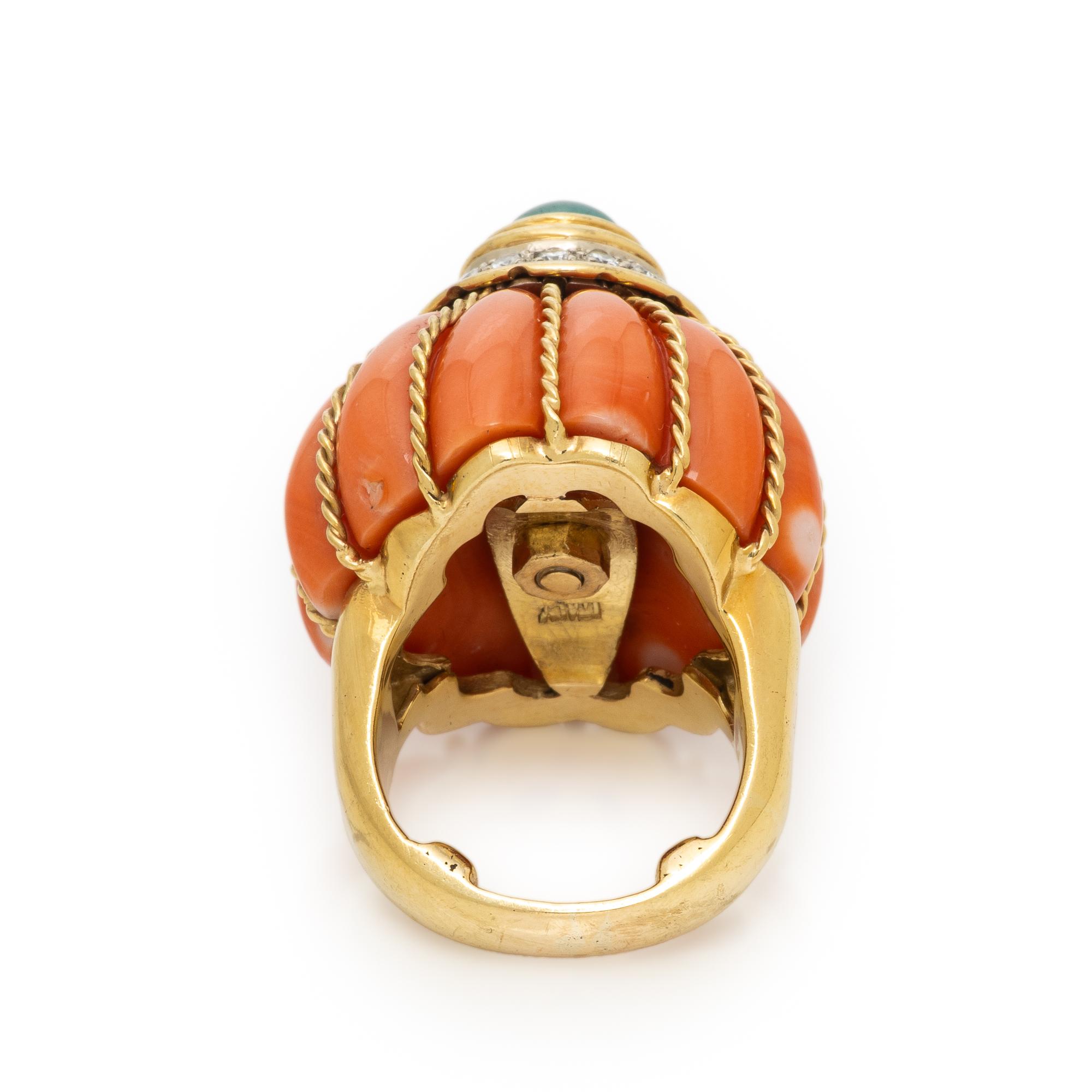 Coral, Synthetic Emerald, and Diamond Ring