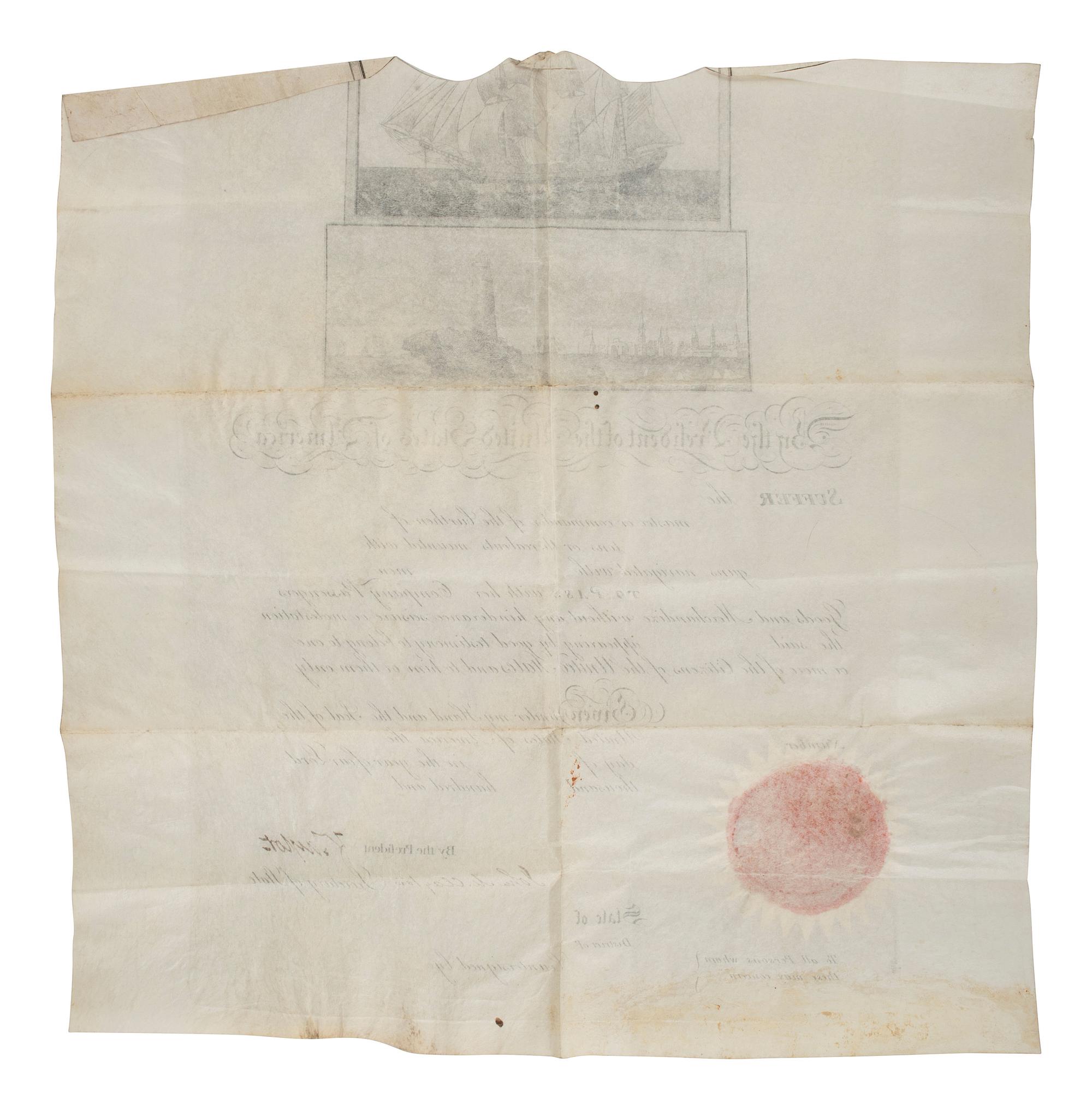 TAYLOR, ZACHARY (1784-1850). Unissued ship's pass document signed ("Z Taylor") as President. N.p., n.d.