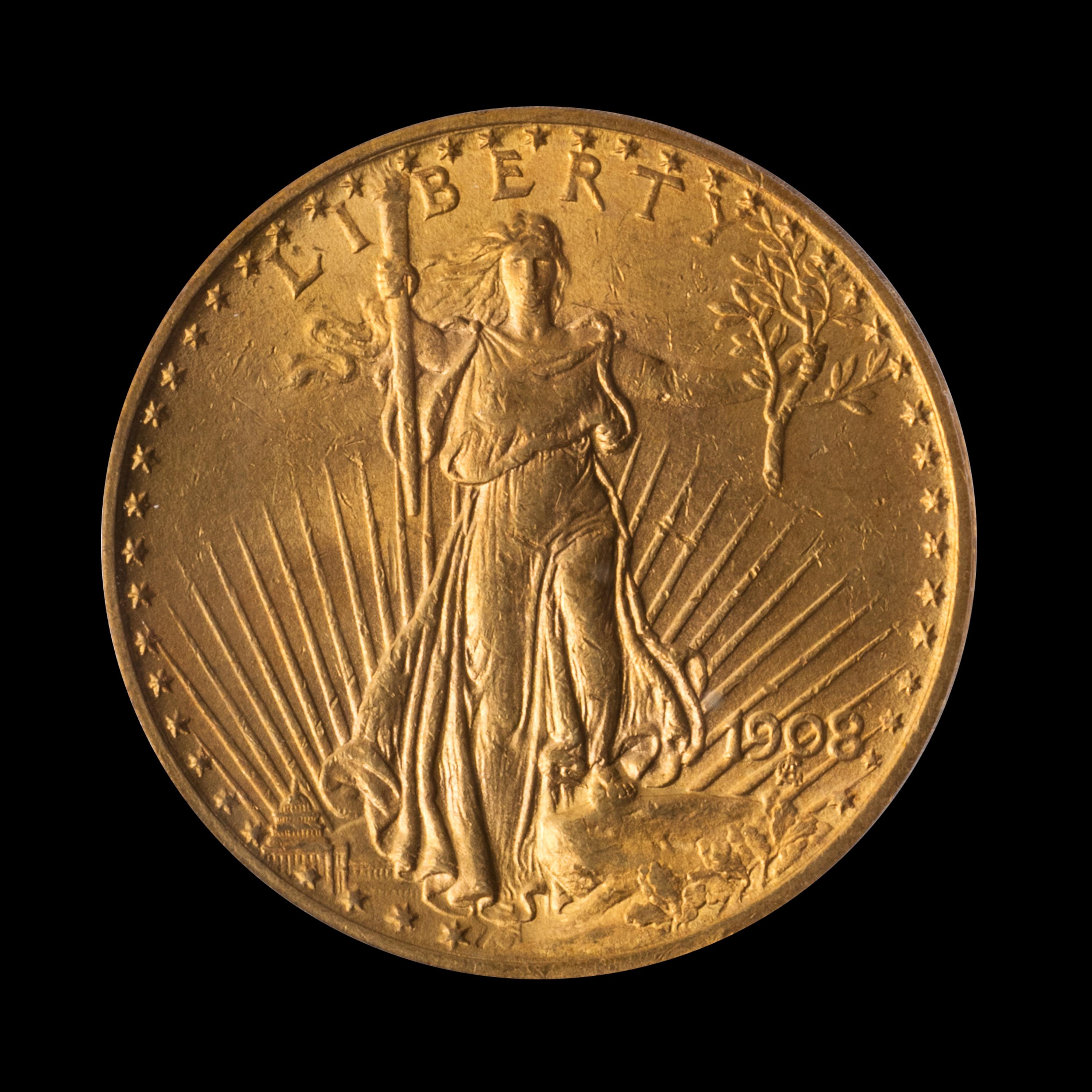 A United States 1908 Saint-Gaudens: Motto $20 Gold Coin