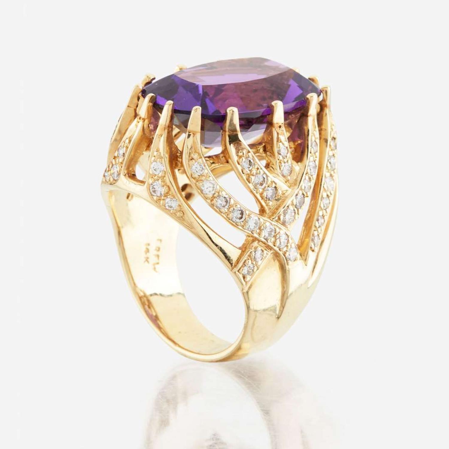 An amethyst, diamond, and gold ring