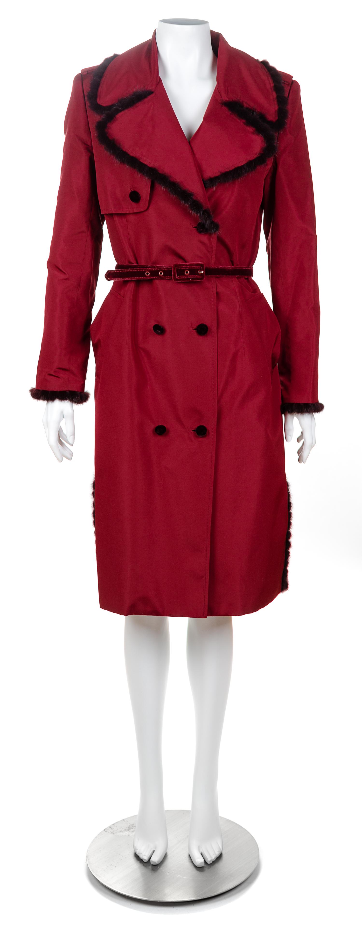 A Zang Toi Burgundy Silk Trench Coat, Size 6; Velvet belt: 27.75"- 31.75" x .75".