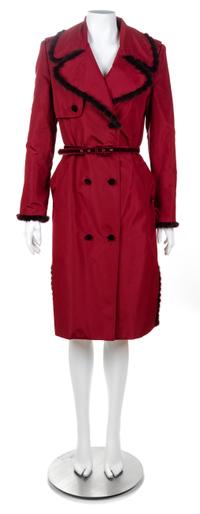 A Zang Toi Burgundy Silk Trench Coat, Size 6; Velvet belt: 27.75"- 31.75" x .75".