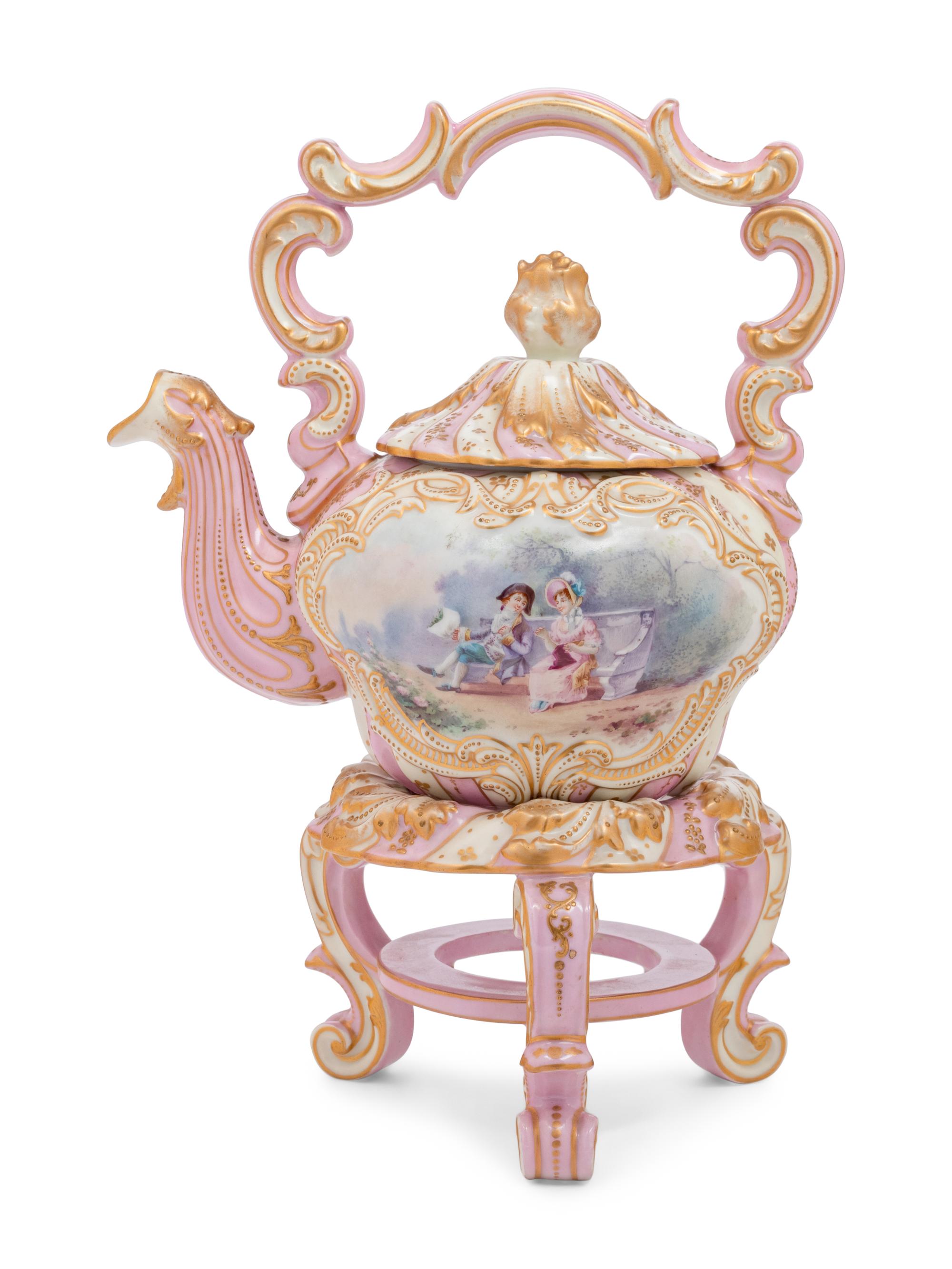 A Vienna Style Porcelain Kettle on Warming Stand