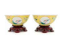 A Pair of Famille Jaune Sgraffito Ground ‘Floral’ Porcelain Bowls