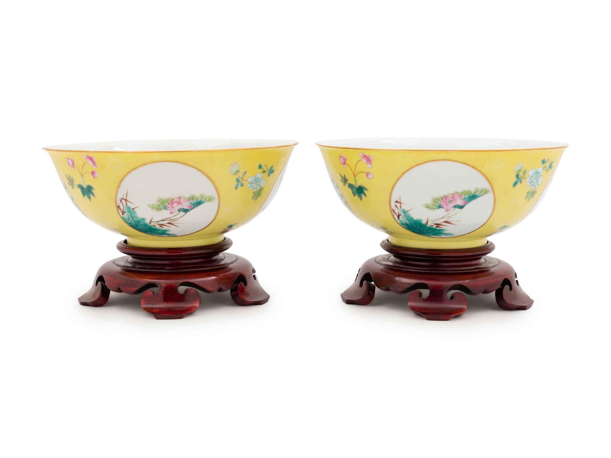 A Pair of Famille Jaune Sgraffito Ground ‘Floral’ Porcelain Bowls