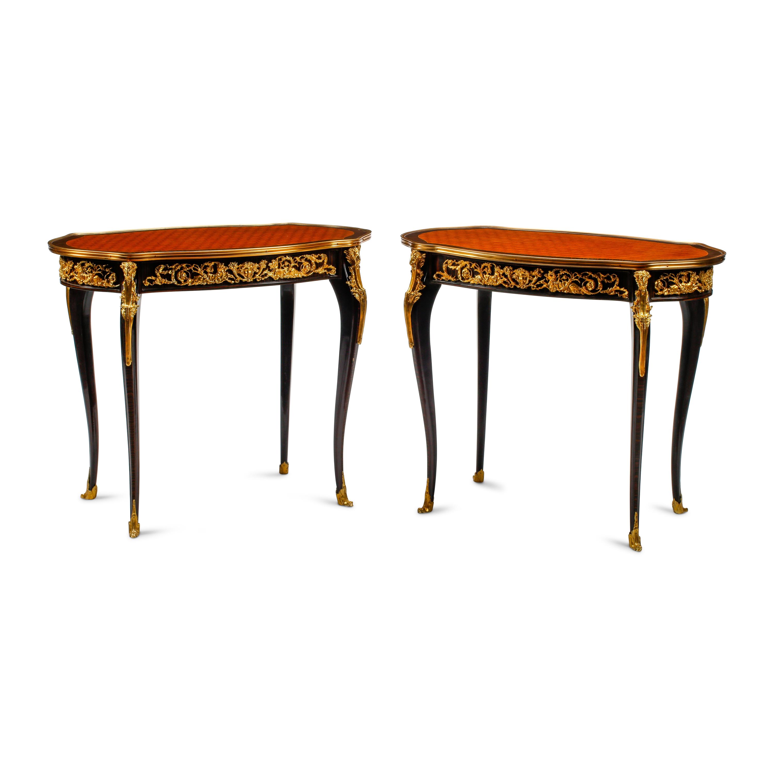A Pair of Louis XV Style Parquetry and Gilt Bronze Mounted Tables