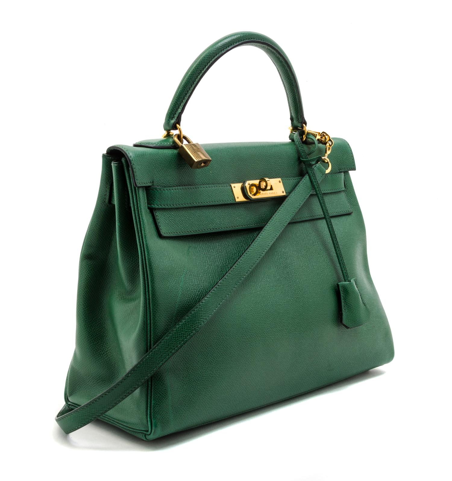 An Hermes 32cm Green Leather Kelly Bag, 12 1/2 x 9 x 4 1/2 inches.