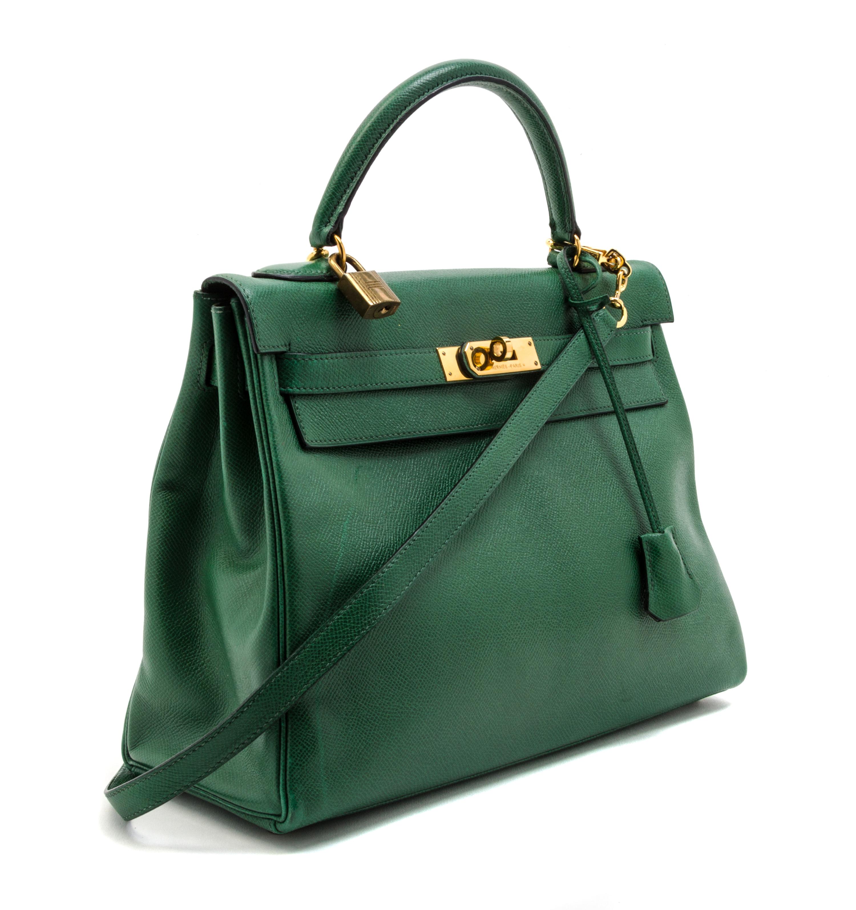 An Hermes 32cm Green Leather Kelly Bag, 12 1/2 x 9 x 4 1/2 inches.