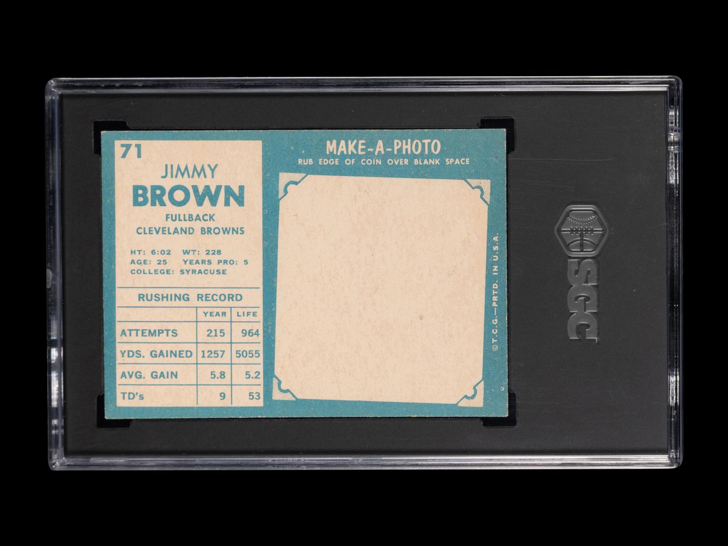 A 1961 Topps Jim Brown Football Card No. 71 (SGC 6 EX/NM)