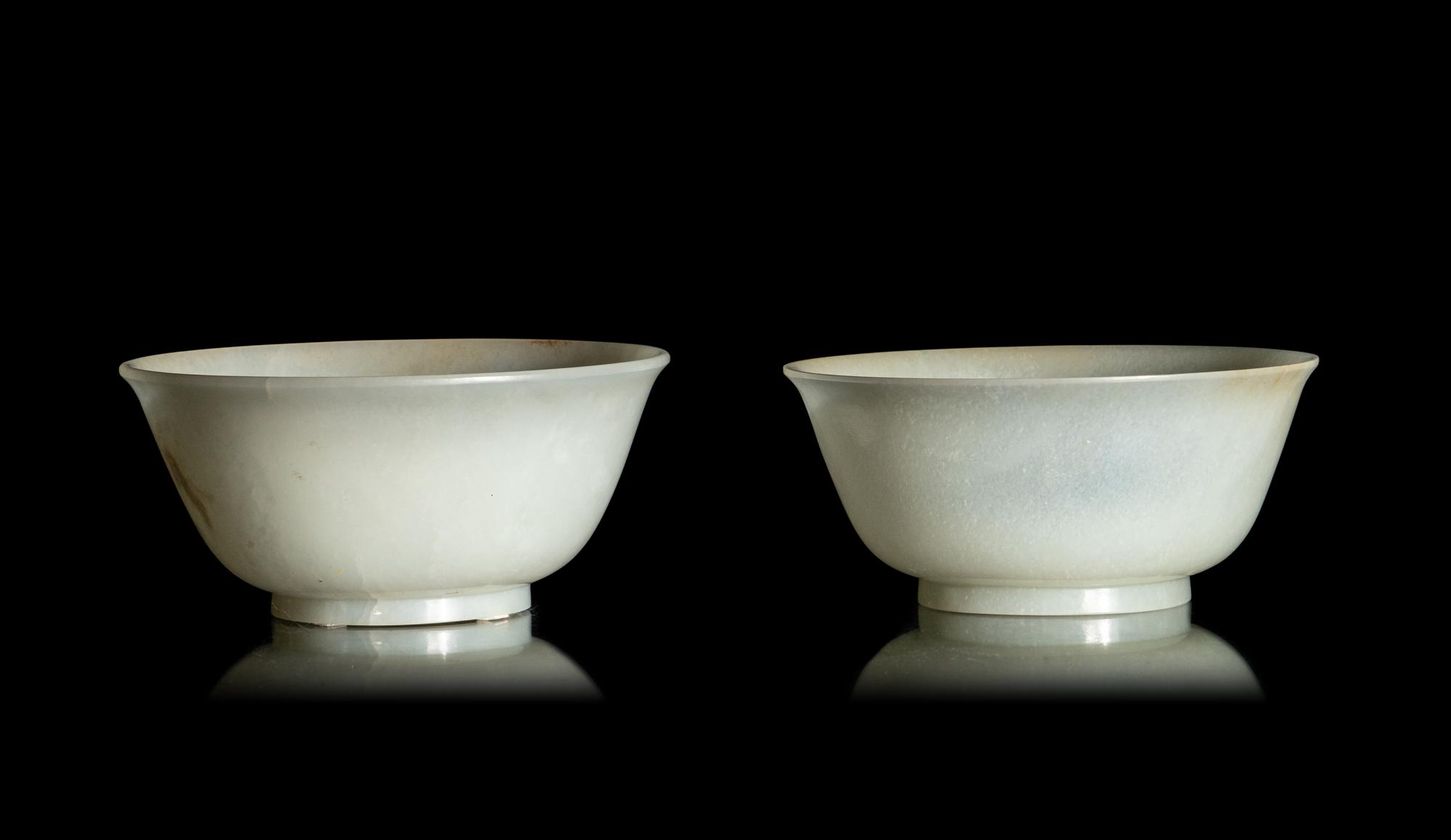 A Matched Pair of Chinese Pale Celadon Jade Bowls