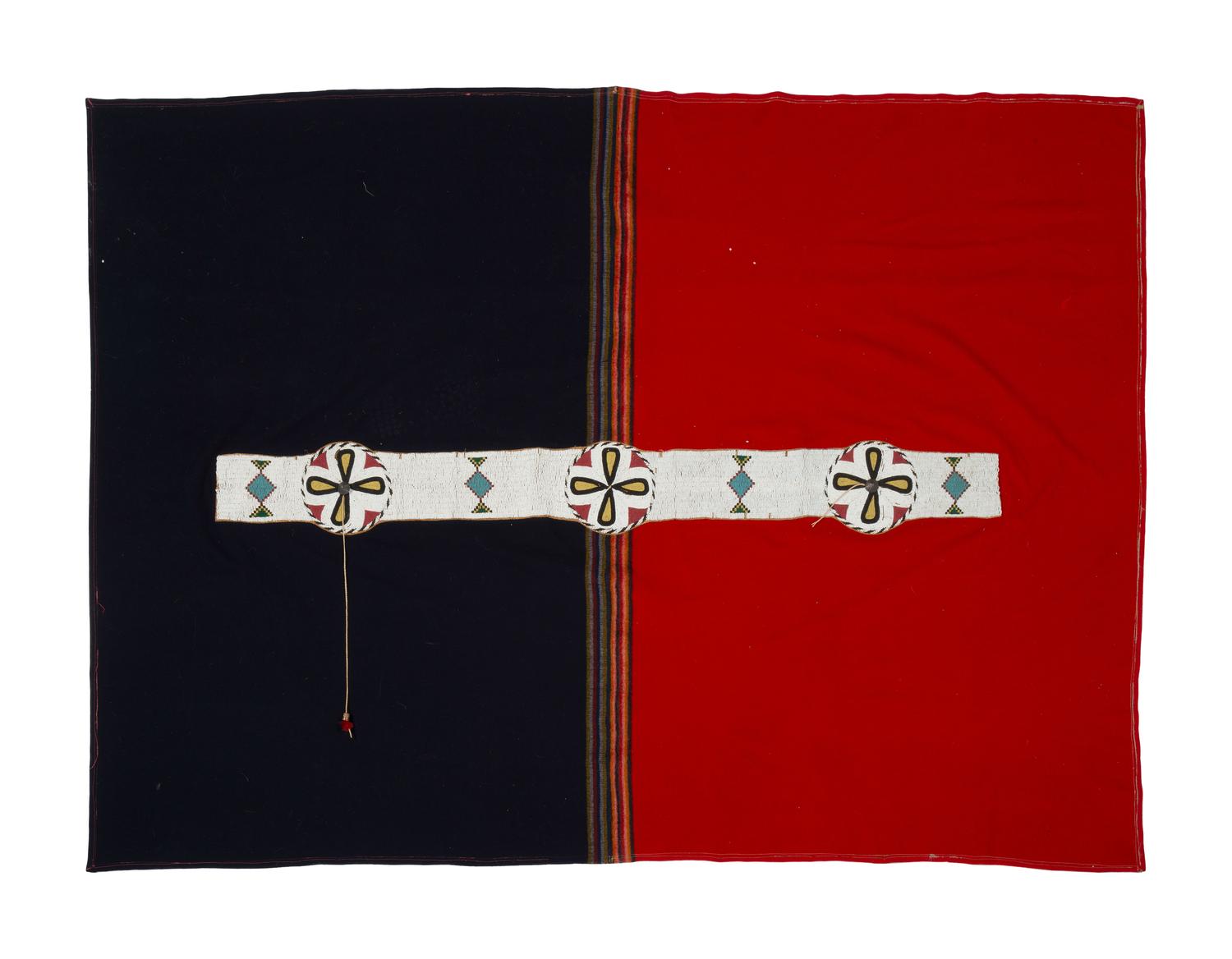 Northern Plains Beaded Hide Blanket Strip, on Trade Cloth Blanket