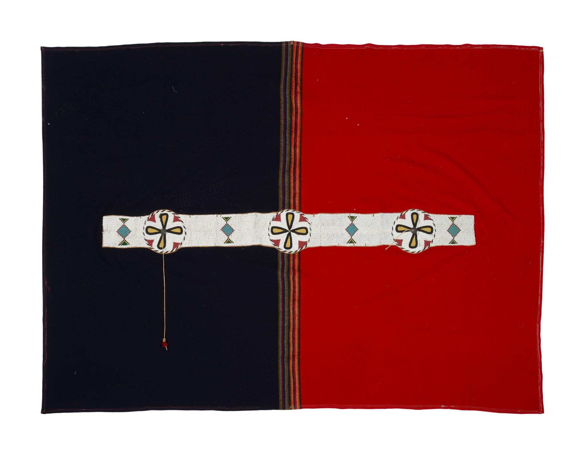 Northern Plains Beaded Hide Blanket Strip, on Trade Cloth Blanket