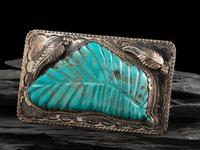 Large Navajo Silver and Carved Kingman Turquoise Belt Buckle