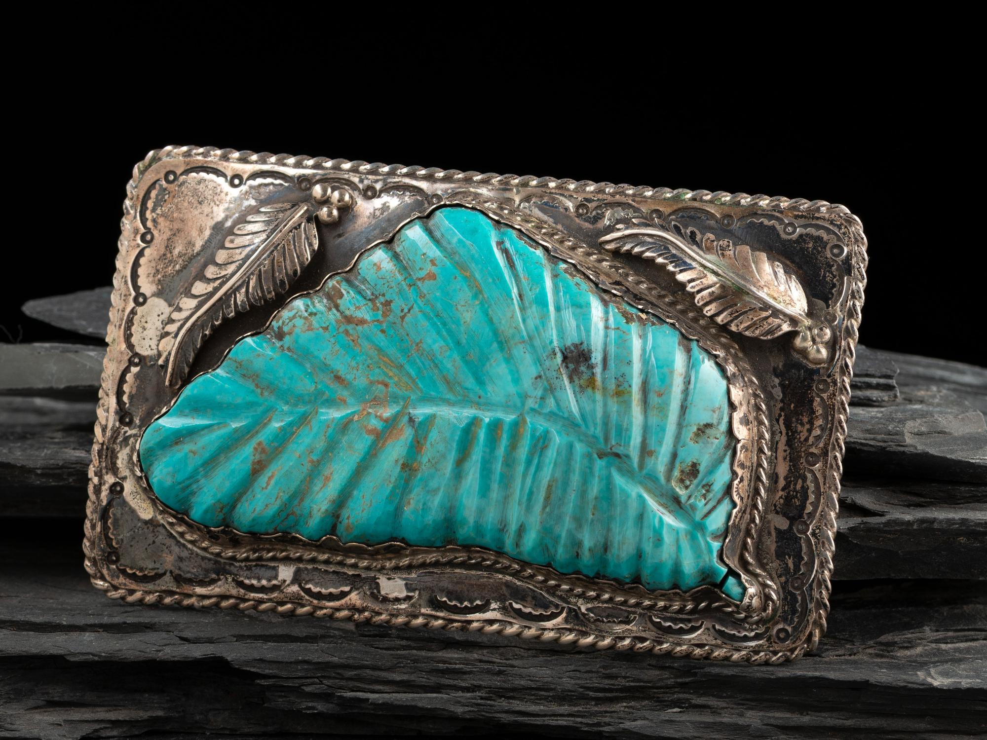 Large Navajo Silver and Carved Kingman Turquoise Belt Buckle