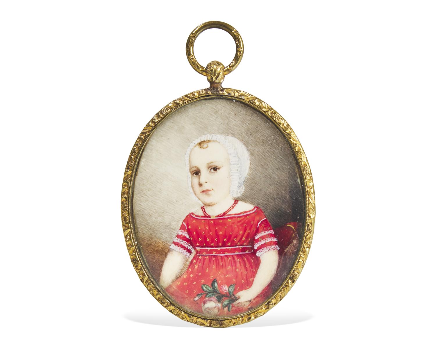 American School 19th Century, A Portrait Miniature of a Young Girl Holding Flowers