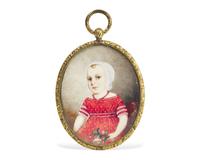 American School 19th Century, A Portrait Miniature of a Young Girl Holding Flowers