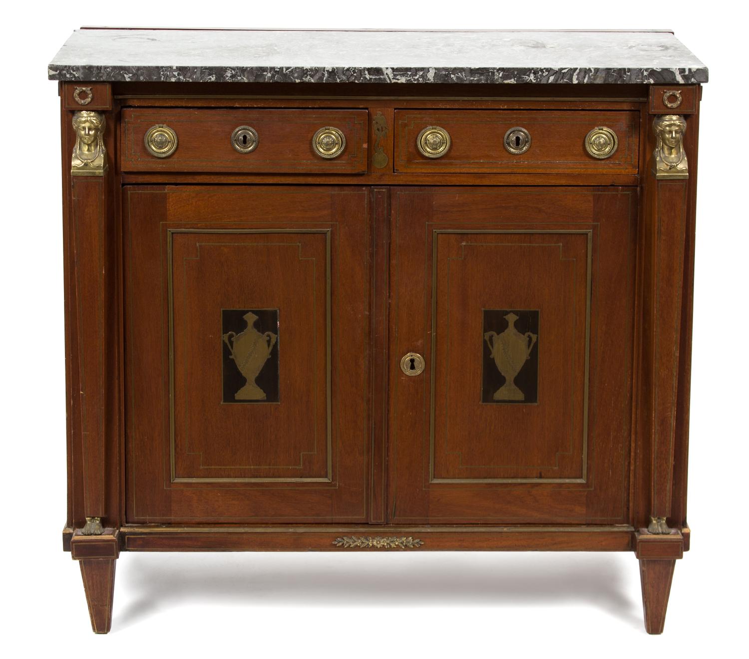 A French Empire Style Mahogany Marble Top Server Height 36 1/2 x width 40 1/2 x depth 22 1/4 inches. — LATE 19TH CENTURY