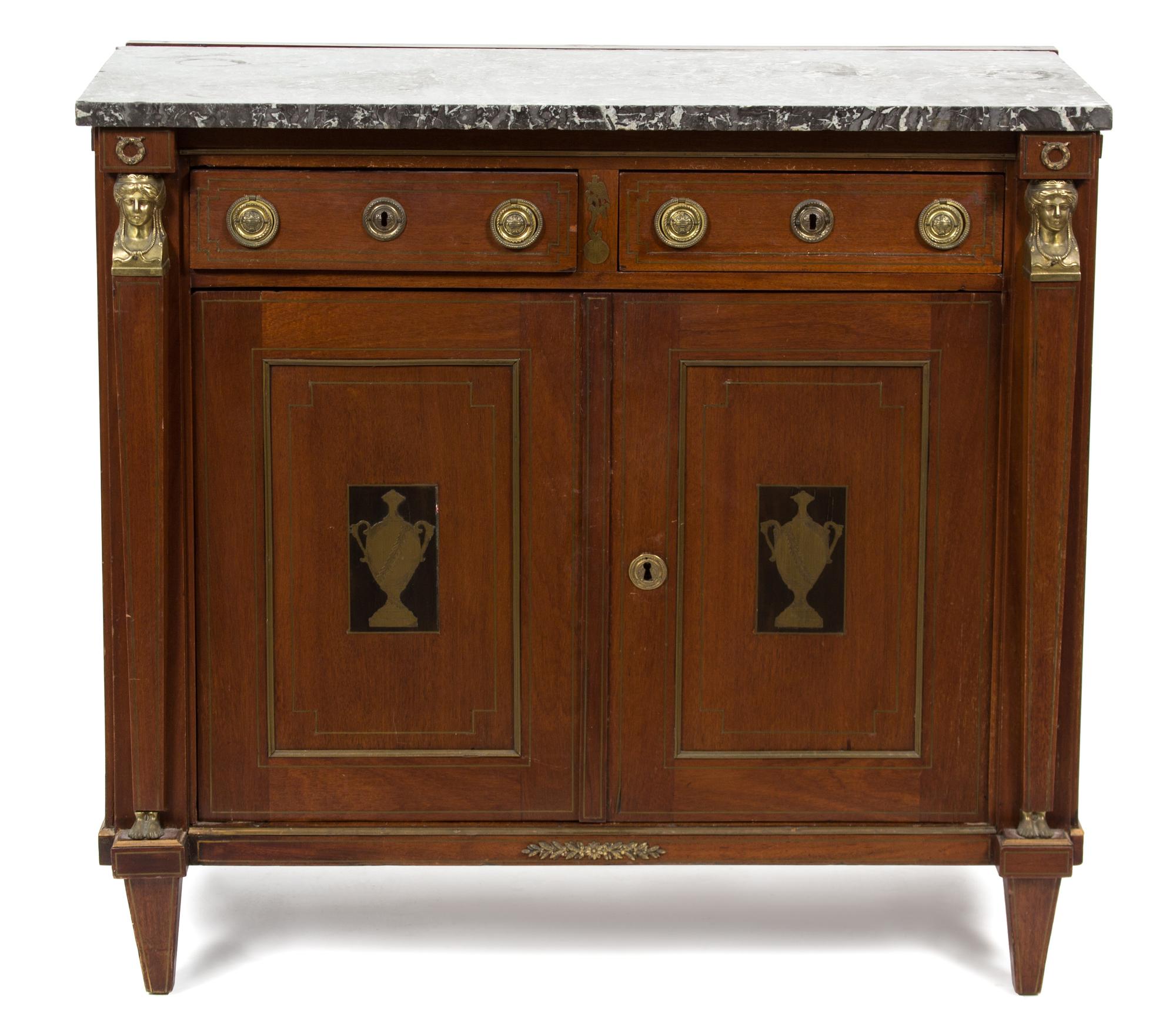 A French Empire Style Mahogany Marble Top Server Height 36 1/2 x width 40 1/2 x depth 22 1/4 inches. — LATE 19TH CENTURY