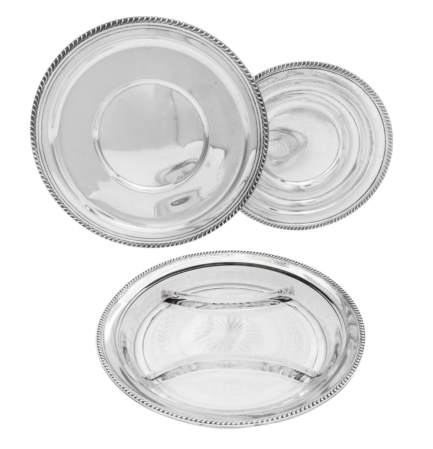 Two American Silver Trays, Manchester Silver Co., Providence RI, and others, each having a gadrooned border, together with an etched gl