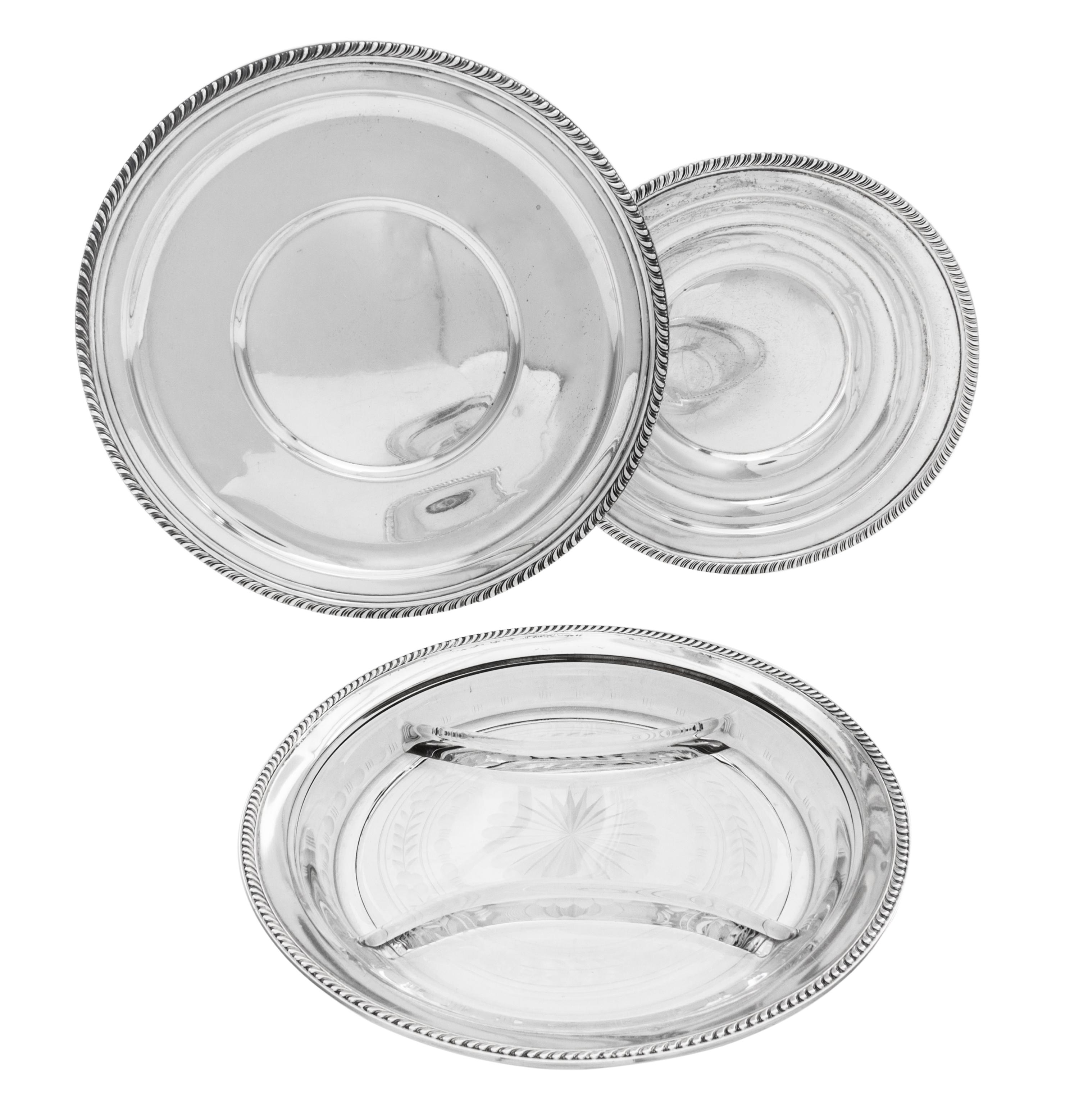 Two American Silver Trays, Manchester Silver Co., Providence RI, and others, each having a gadrooned border, together with an etched gl