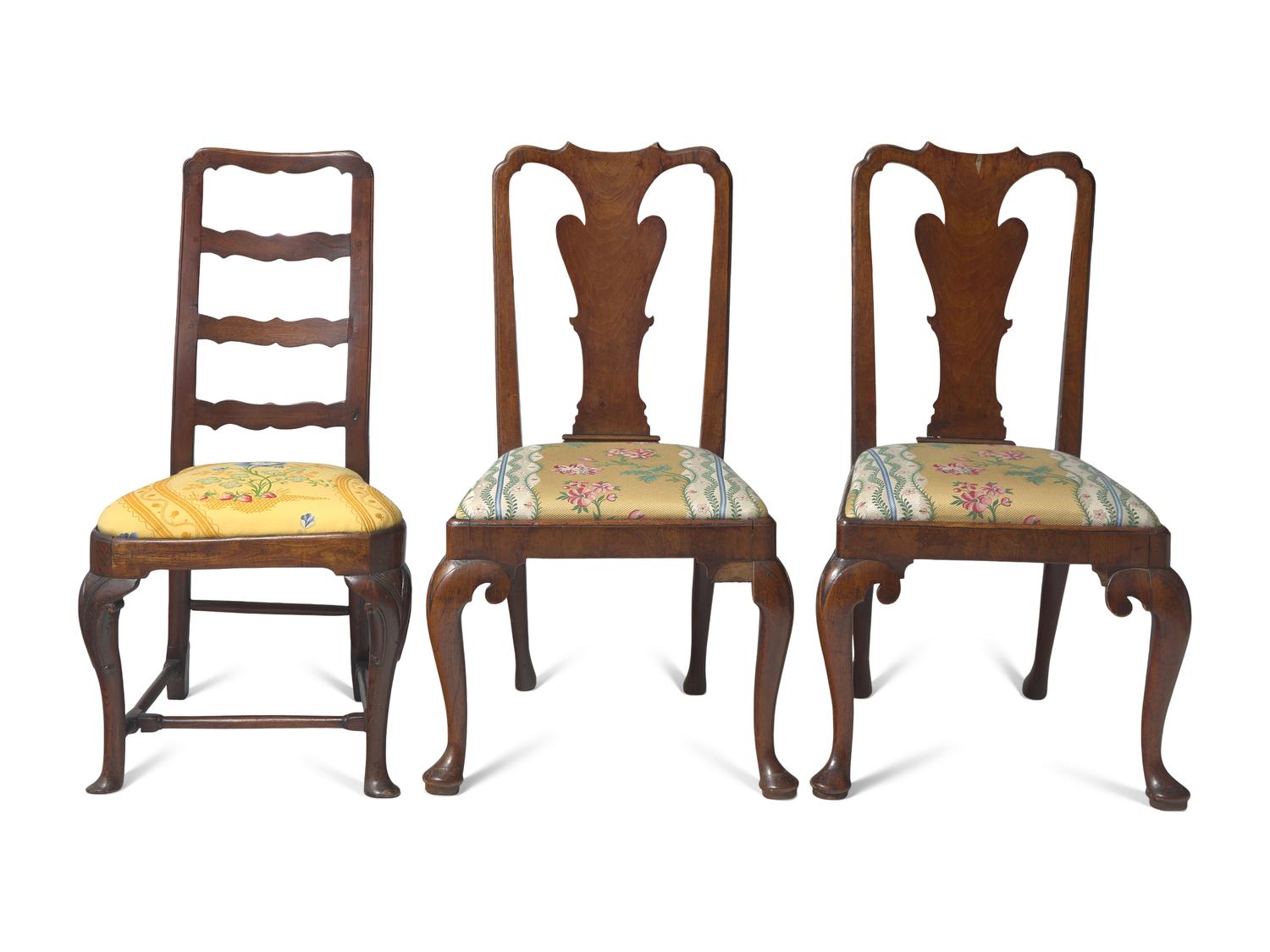 A Group of Three George II Carved and Veneered Walnut and Elm Side Chairs