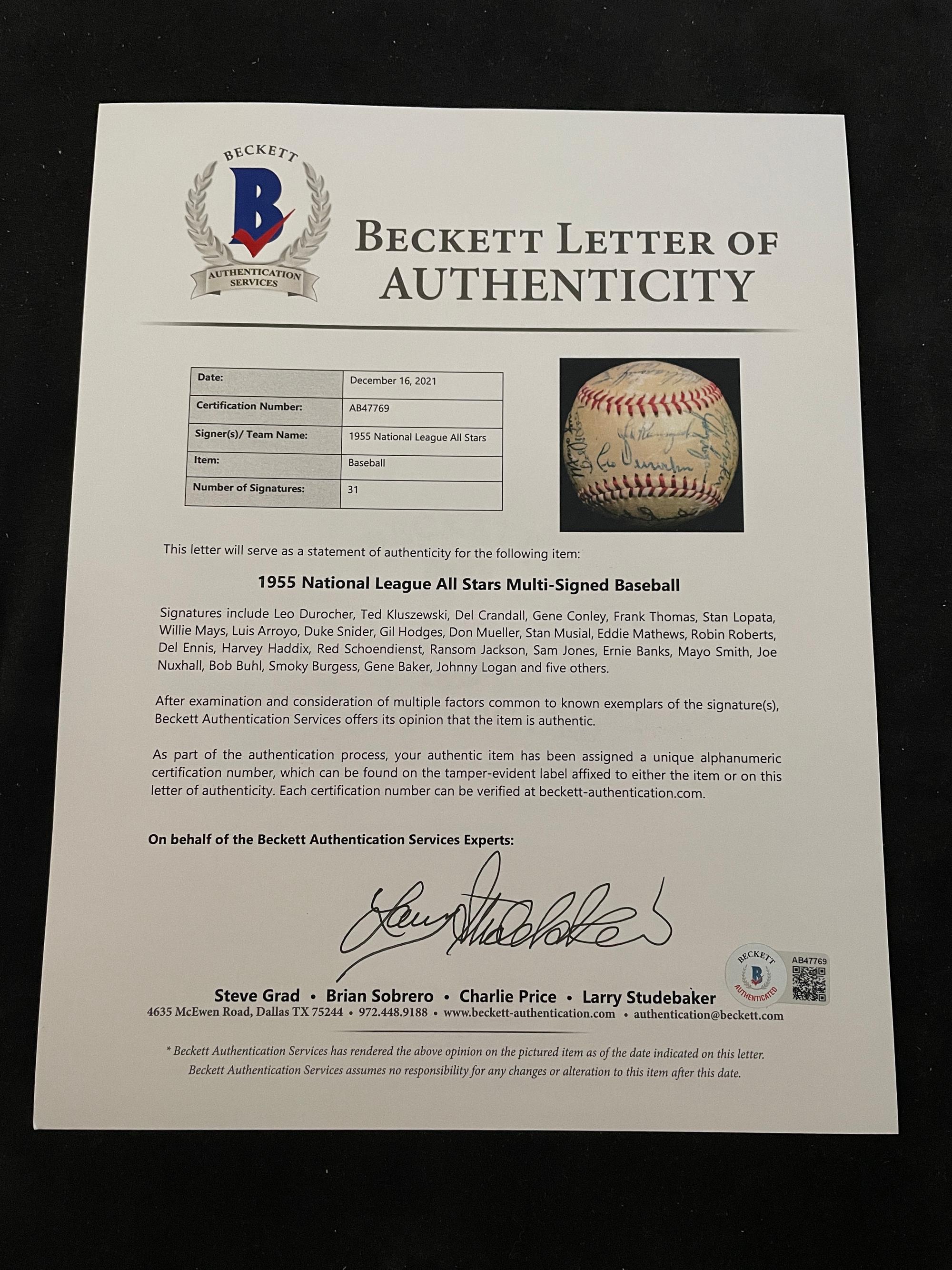 A 1955 All Star Game National League Team Signed Autograph Baseball Featuring Hank Aaron, Ernie Banks and Willie Mays (Beckett Authentication Services Letter BAS Certified)
