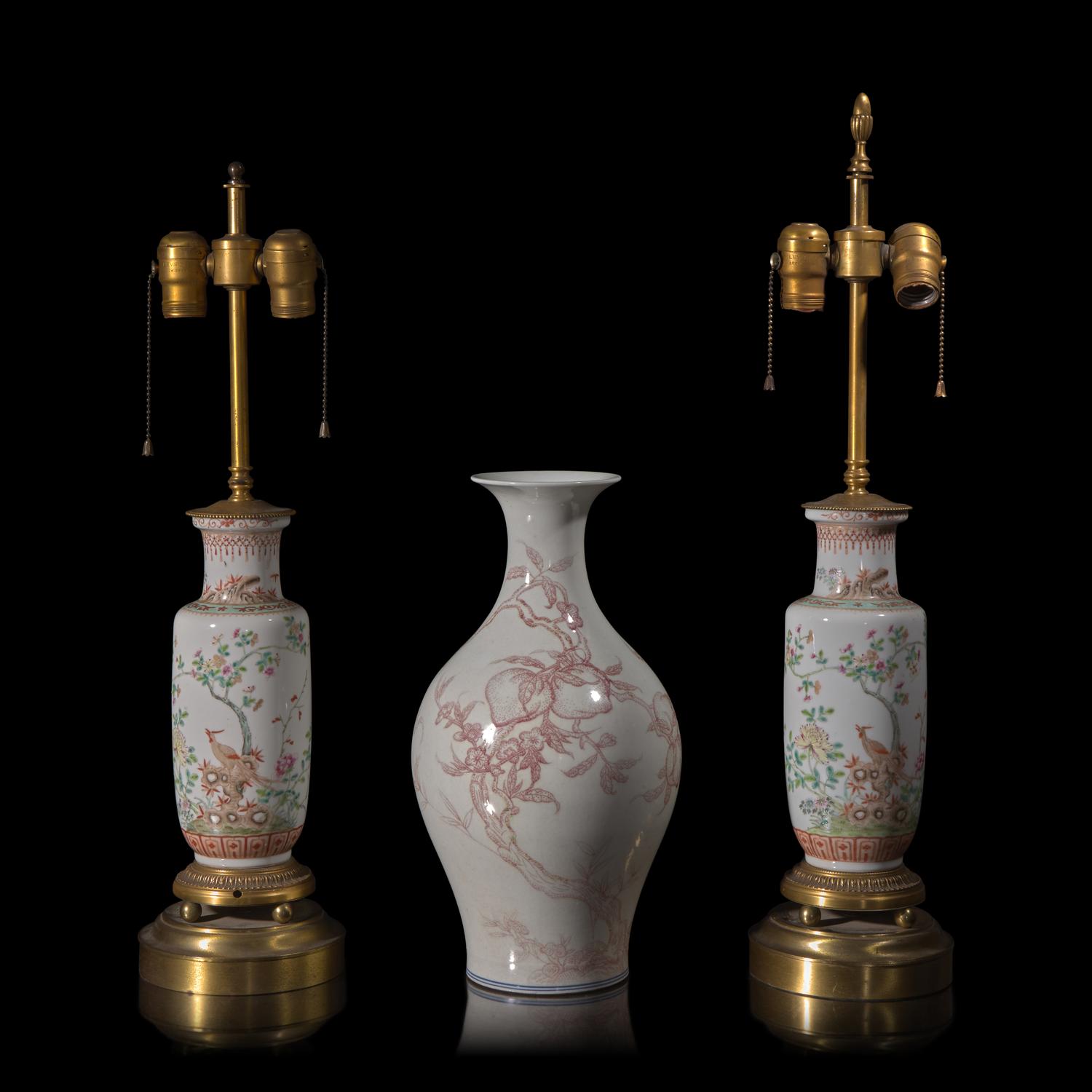 A Chinese Underglaze Red Decorated 'Peaches' Vase and A Pair of Famille Rose Vases 釉裡紅壽桃橄欖瓶一及粉彩花鳥圖瓶一對