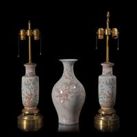 A Chinese Underglaze Red Decorated 'Peaches' Vase and A Pair of Famille Rose Vases 釉裡紅壽桃橄欖瓶一及粉彩花鳥圖瓶一對