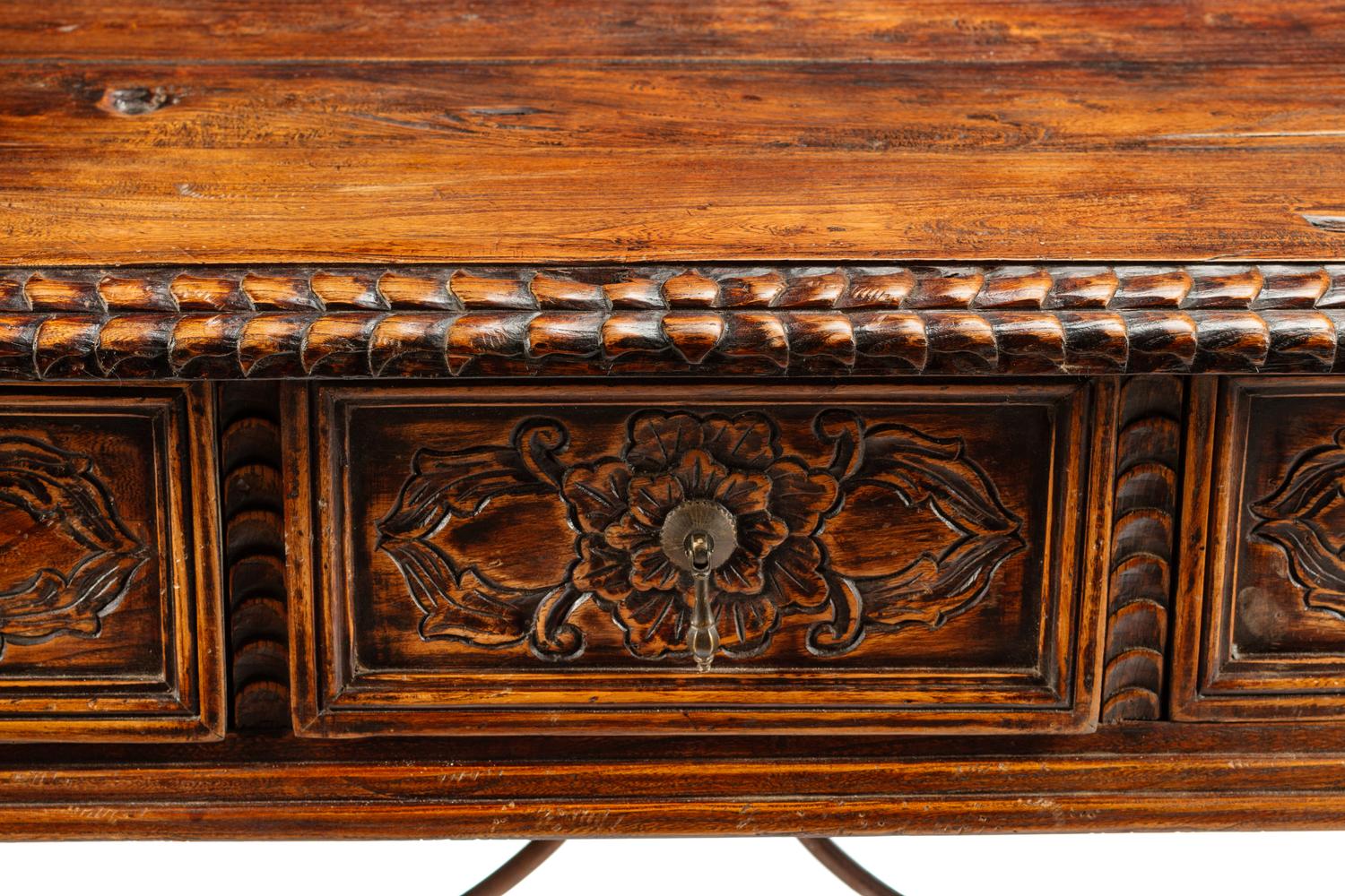 A Spanish Baroque Style Iron Mounted Trestle Table