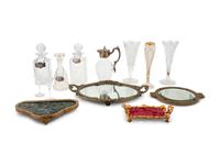 Four Gilt Metal Mounted Table Plateaus and a Group of Cut Glass Articles