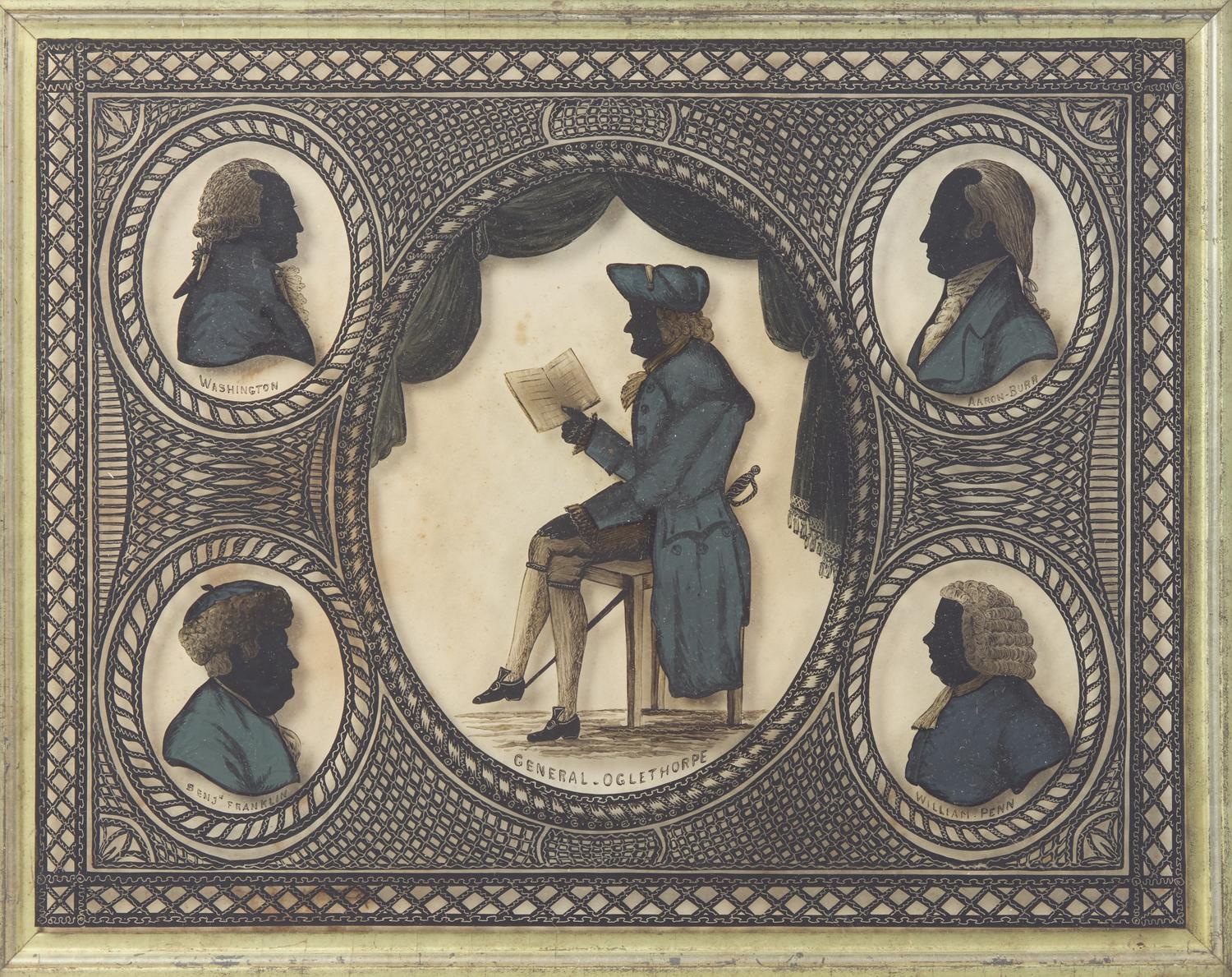 American School 19th Century, An Eglomise Group Profile Silhouette Portrait Depicting General James Oglethorpe, George Washington, Benjamin Franklin, Aaron Burr, and William Penn