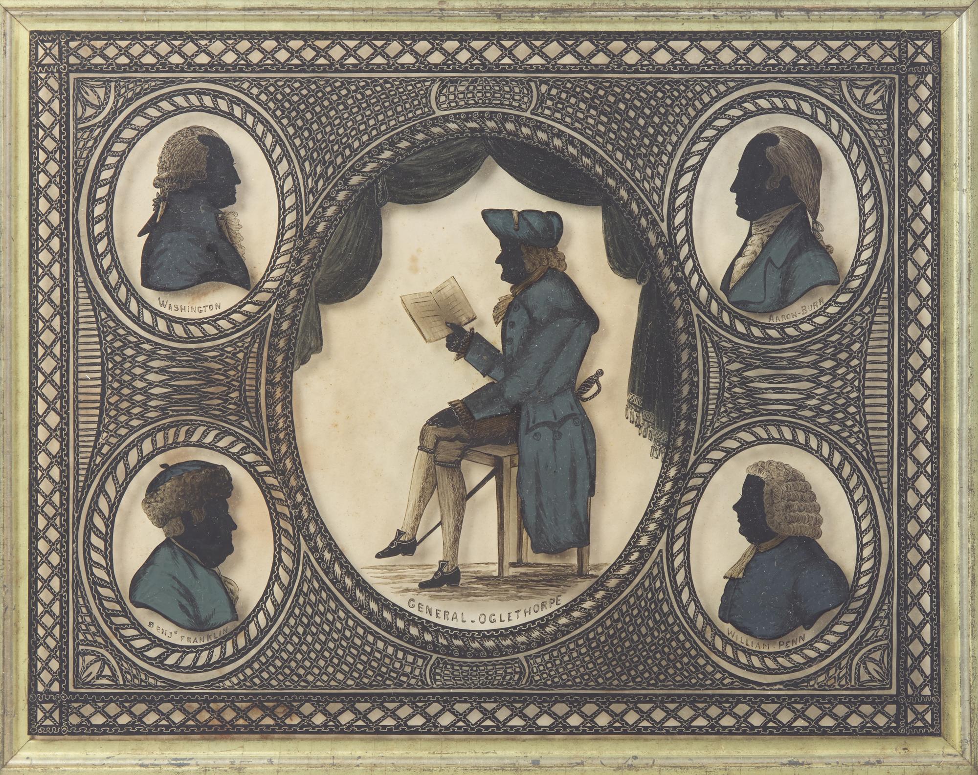 American School 19th Century, An Eglomise Group Profile Silhouette Portrait Depicting General James Oglethorpe, George Washington, Benjamin Franklin, Aaron Burr, and William Penn