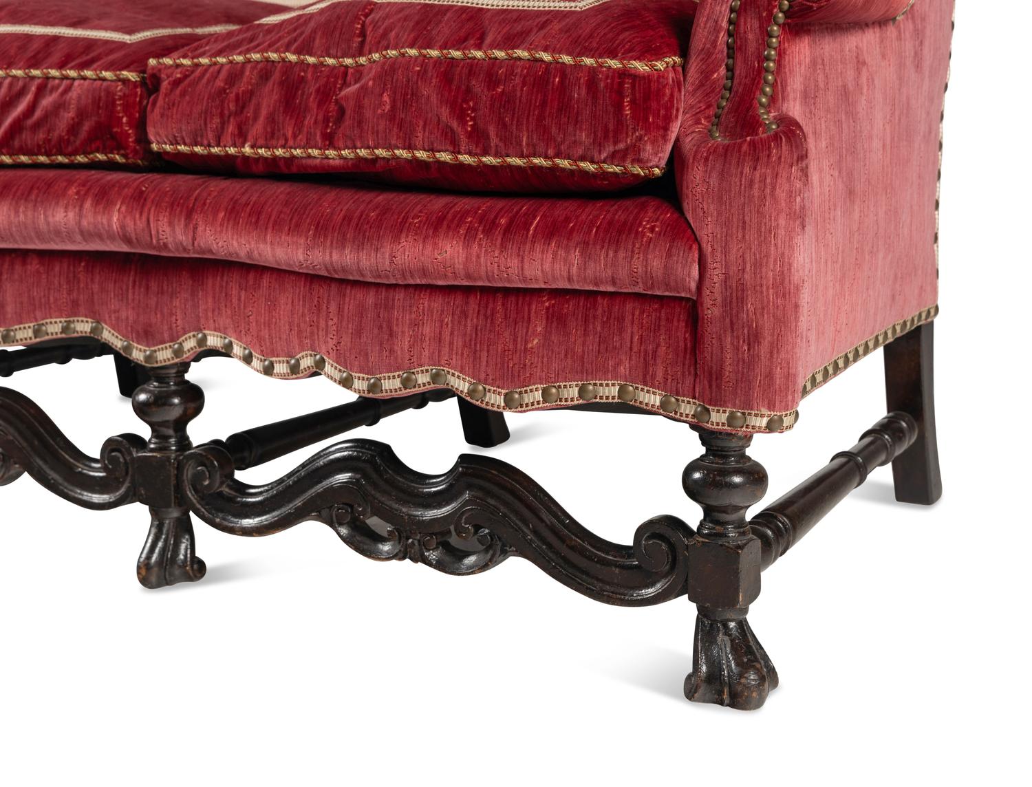 A William and Mary Style Beechwood and Oak, Velvet-Upholstered Three-Seat Sofa