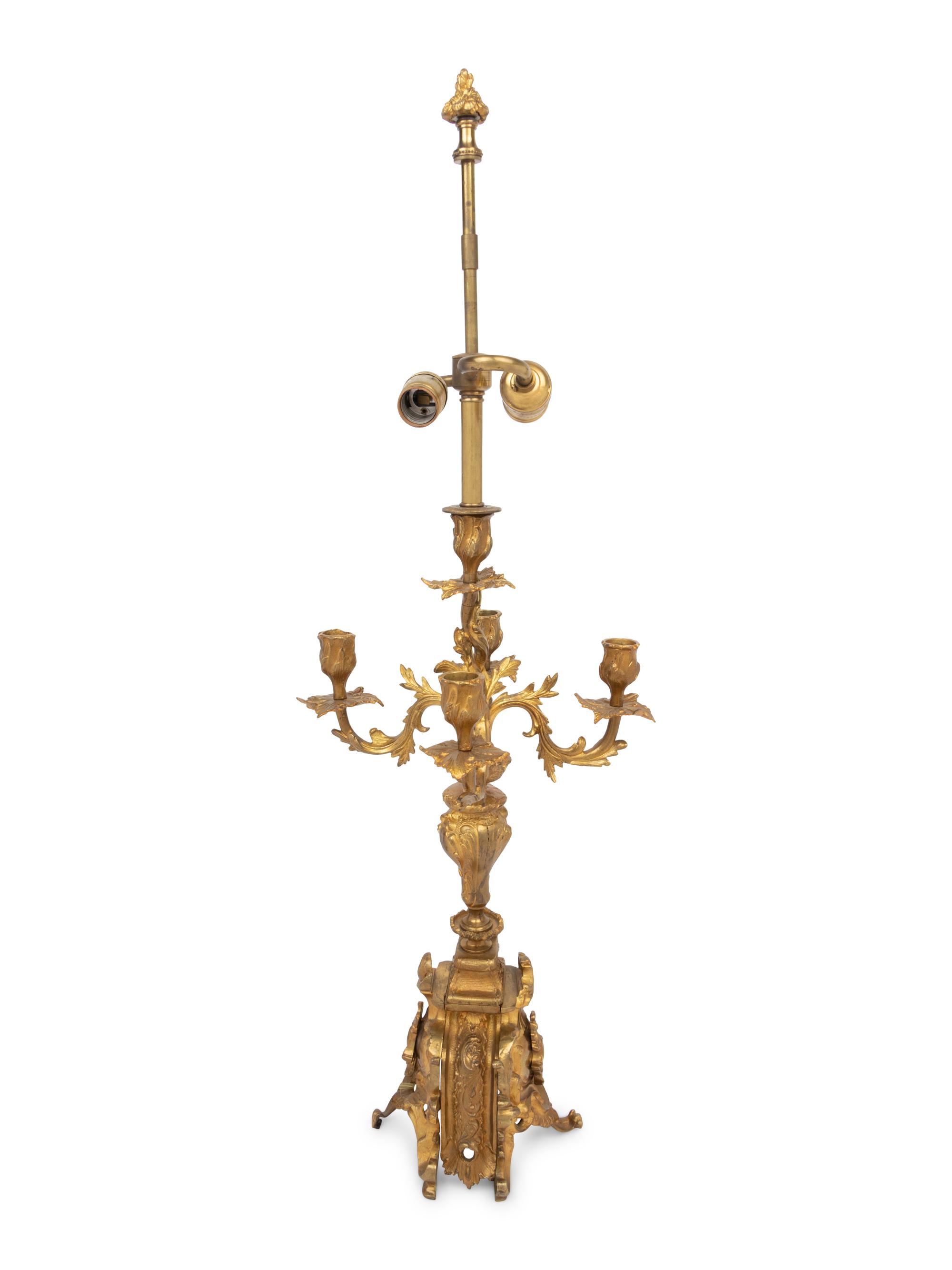 A French Gilt Bronze Five-Light Candelabra Mounted as a Lamp
