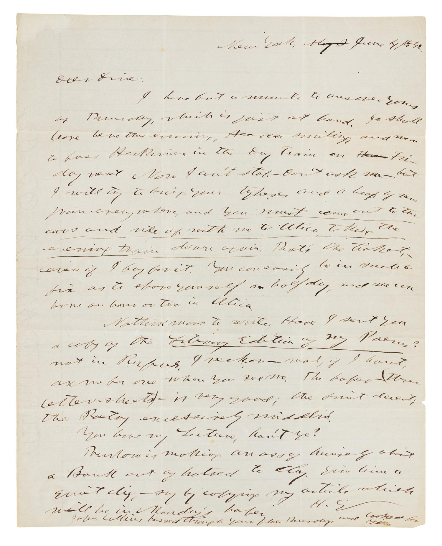 GREELEY, Horace (1811-1872). Autograph letter signed ("H.G."), to an unnamed recipient. New York, 4 June 1842.