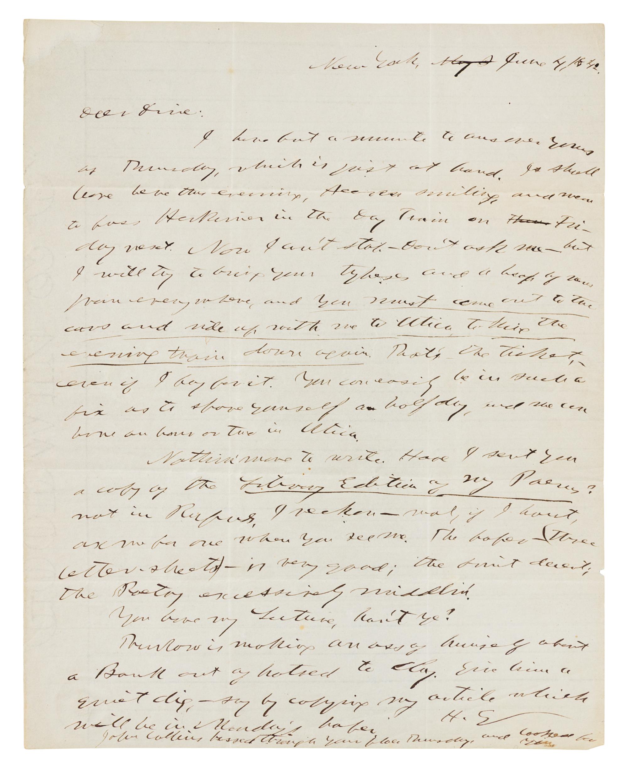 GREELEY, Horace (1811-1872). Autograph letter signed ("H.G."), to an unnamed recipient. New York, 4 June 1842.