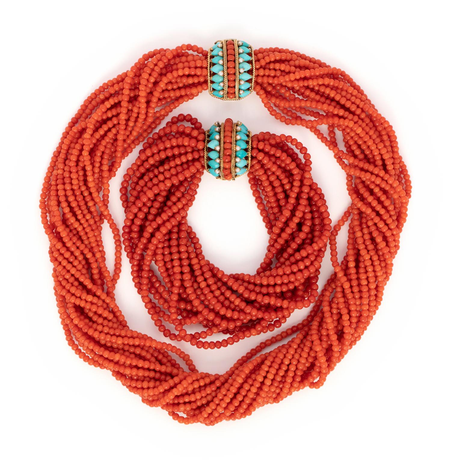 CORAL, TURQUOISE AND PEARL TORSADE SET